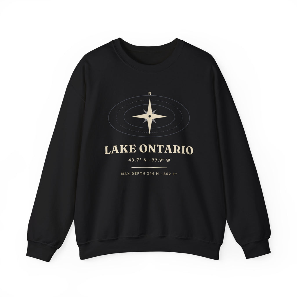 Black sweatshirt with Lake Ontario coordinates and depth information.