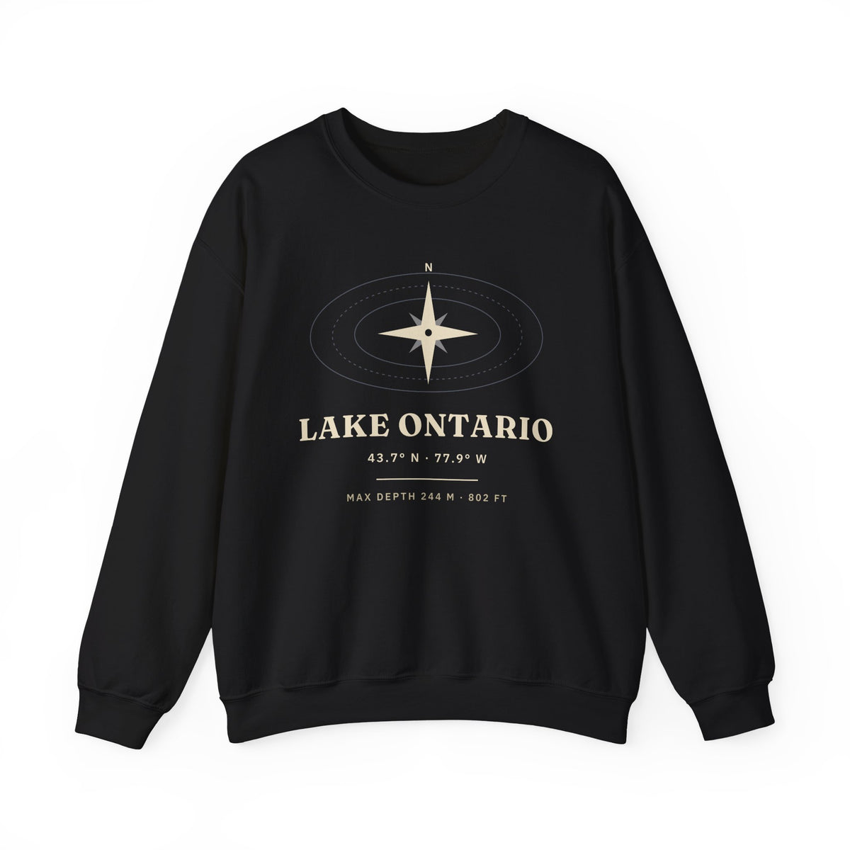 Black sweatshirt with Lake Ontario coordinates and depth information.