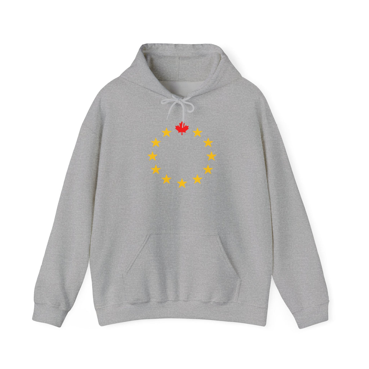 Gray hoodie with a red maple leaf and yellow stars in a circular design.