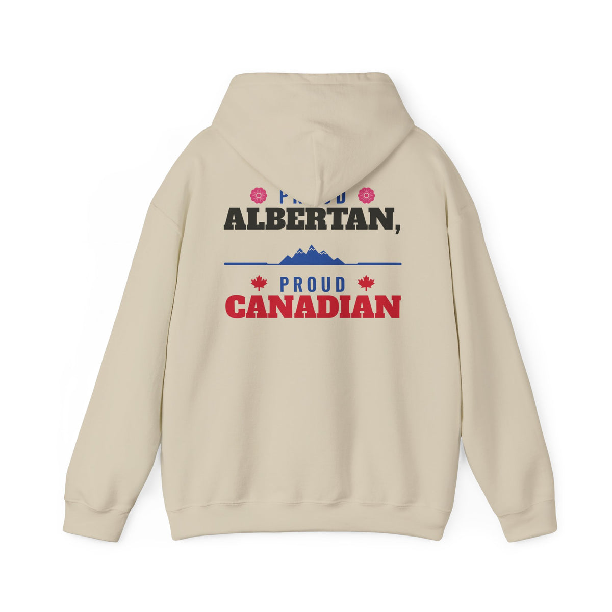 Cream hoodie with "Proud Albertan" and "Proud Canadian" text and graphics.