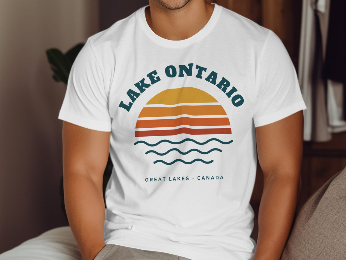 White t-shirt with "Lake Ontario" text and a sunset graphic.