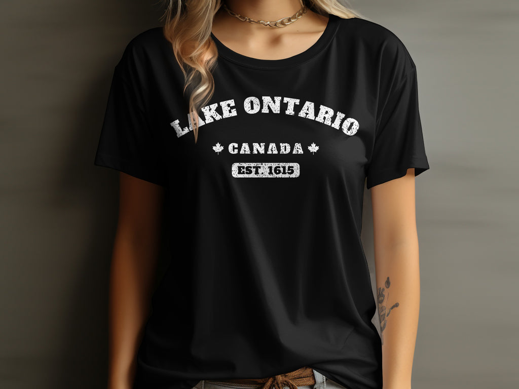 Black t-shirt with distressed white text "Lake Ontario Canada Est. 1615".