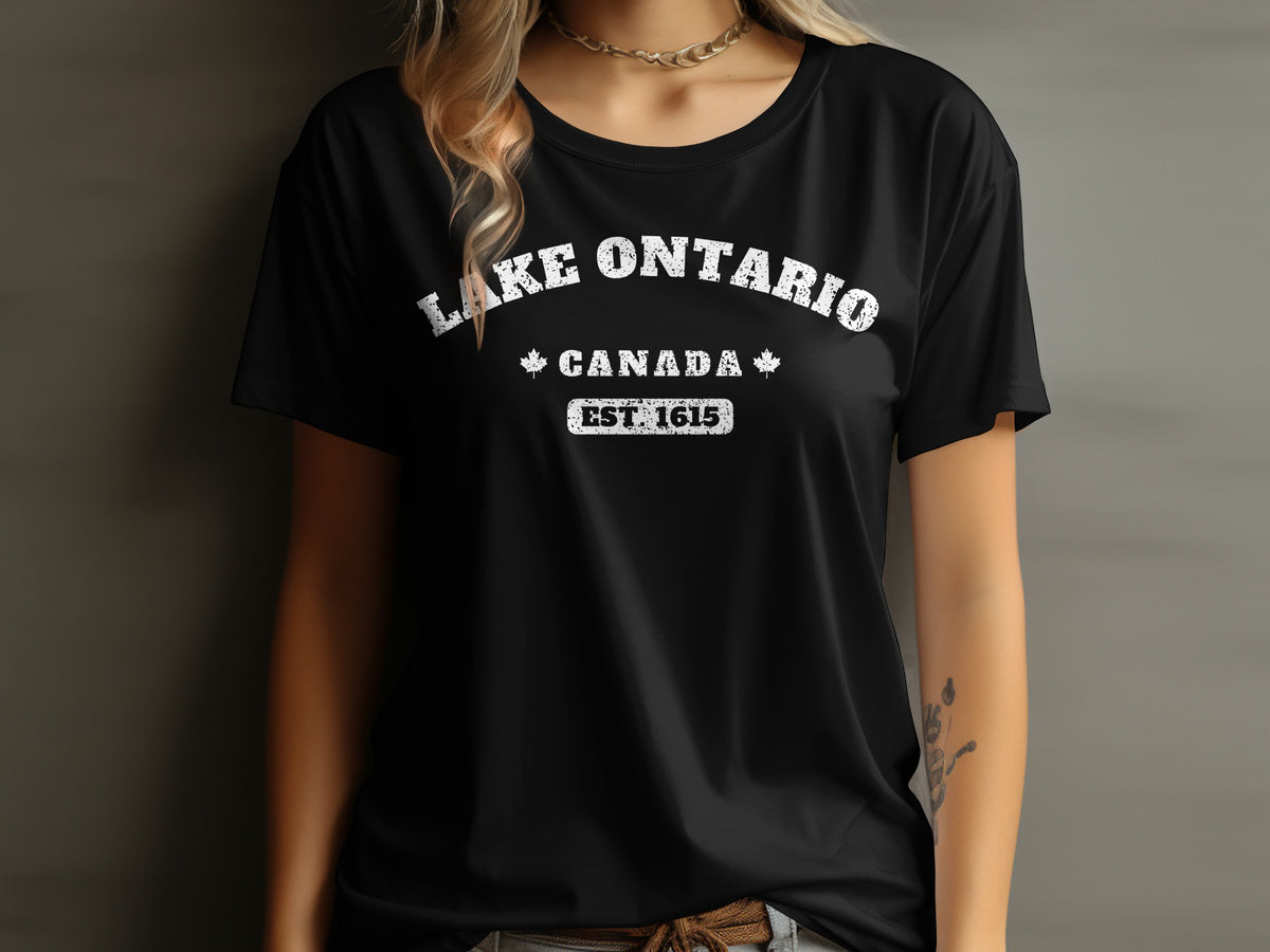 Black t-shirt with distressed white text "Lake Ontario Canada Est. 1615".