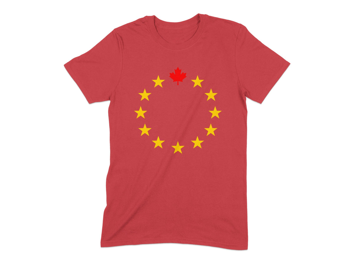 Red t-shirt with a circular arrangement of yellow stars and a red maple leaf.