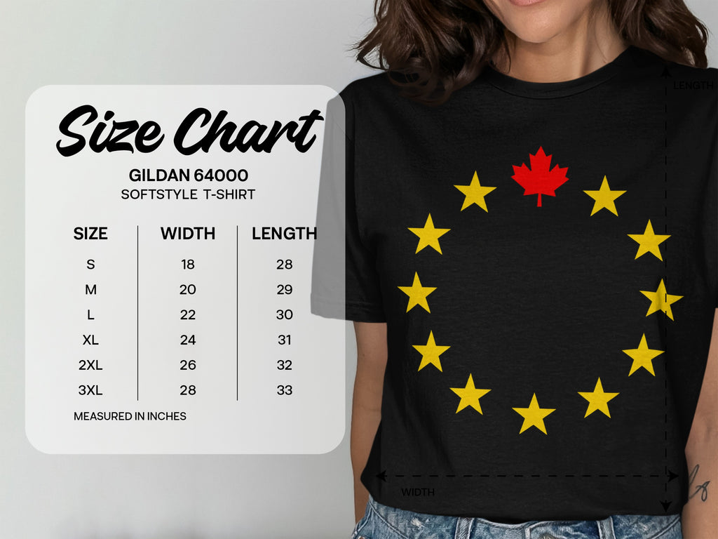 Gildan 64000 Softstyle t-shirt size chart with width and length measurements.