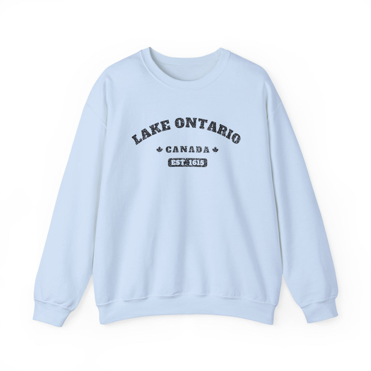 Light blue crewneck sweatshirt with "Lake Ontario Canada Est. 1615" graphic.