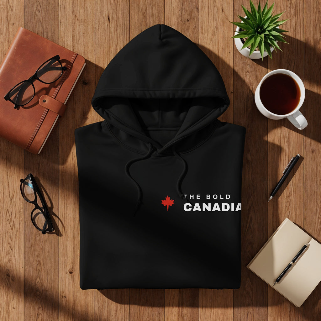 Black hoodie with red maple leaf and "The Bold Canada" text.