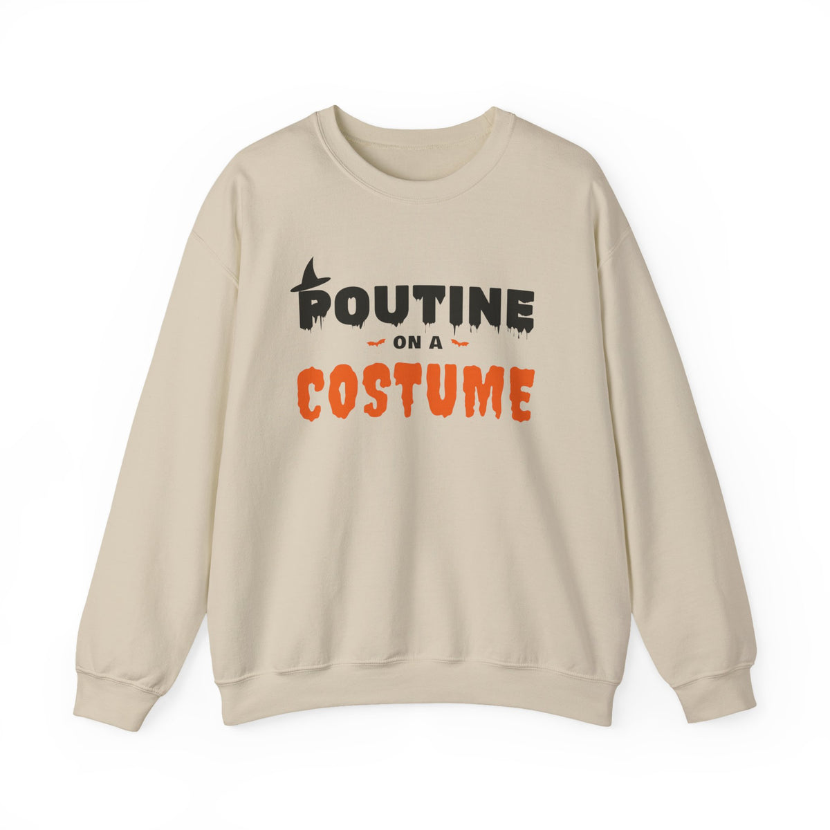Cream sweatshirt with black and orange "Poutine on a Costume" Halloween graphic.