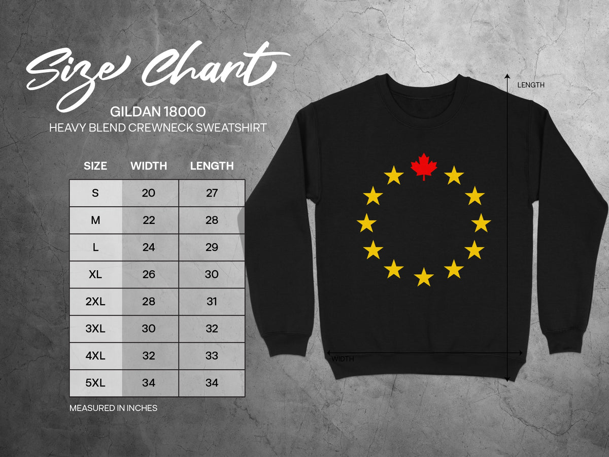 Gildan 18000 size chart for heavy blend crewneck sweatshirts, measured in inches.
