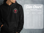 Gildan 18500 heavy blend hooded sweatshirt size chart with width and length measurements.