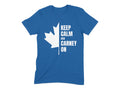 Blue t-shirt with white Canadian maple leaf and "Keep Calm and Carney On" text.