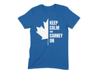 Blue t-shirt with white Canadian maple leaf and "Keep Calm and Carney On" text.