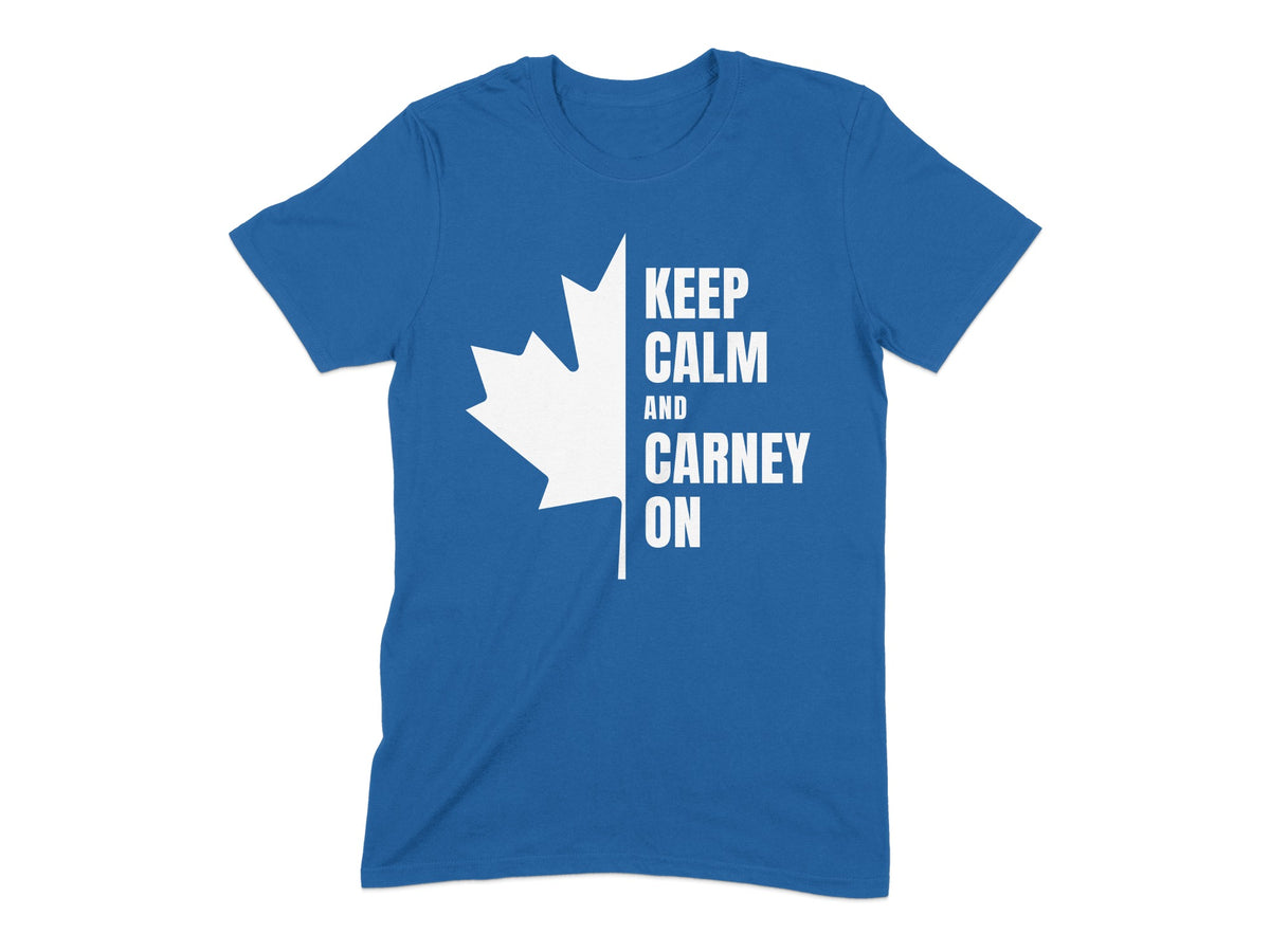 Blue t-shirt with white Canadian maple leaf and "Keep Calm and Carney On" text.