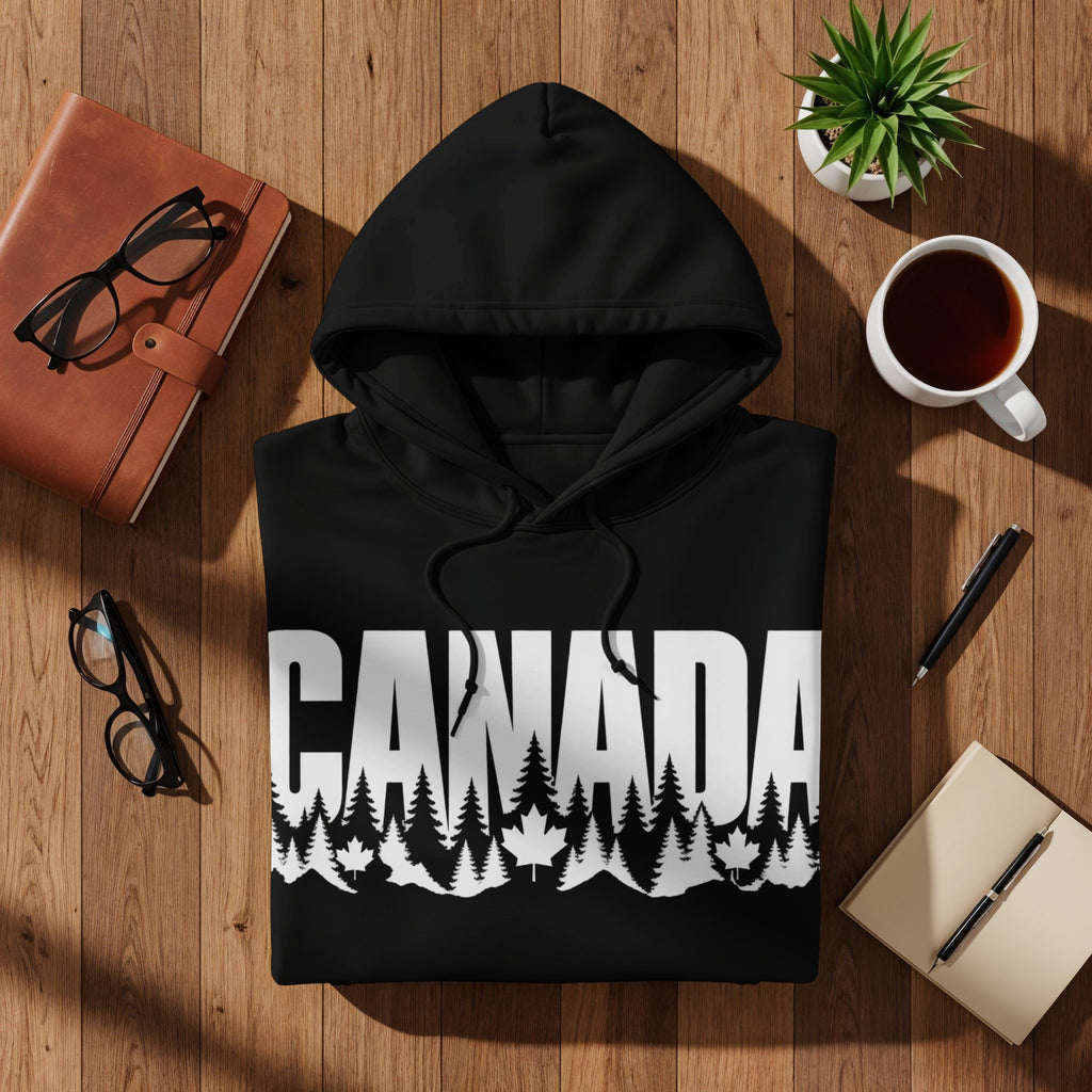 Black hoodie with "CANADA" text and a forest and maple leaf design.