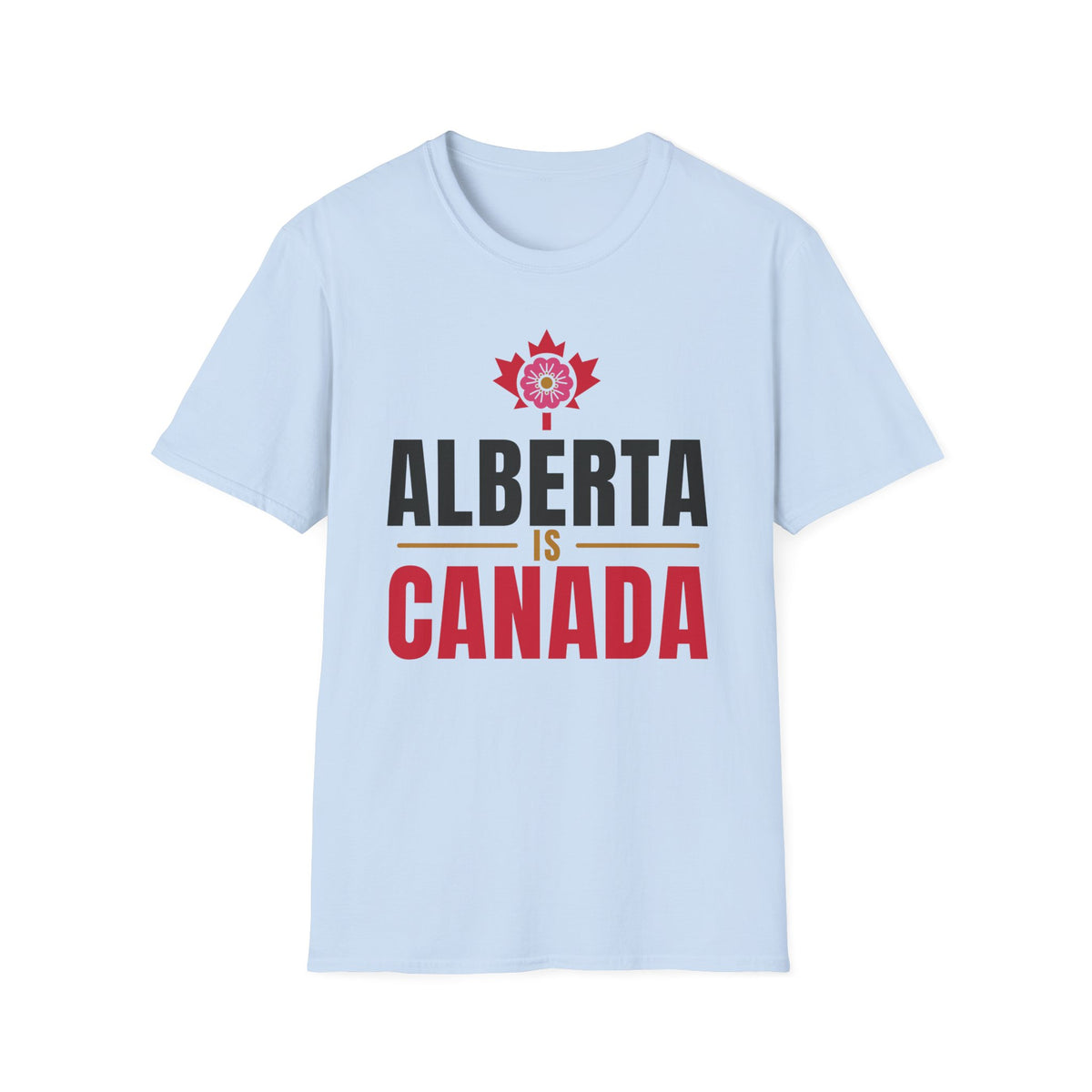 Light blue t-shirt with Alberta is Canada text and maple leaf graphic.