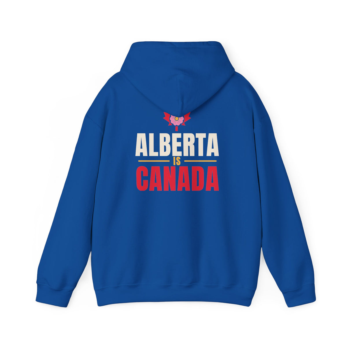 Blue hoodie with "Alberta is Canada" text and a flower graphic.