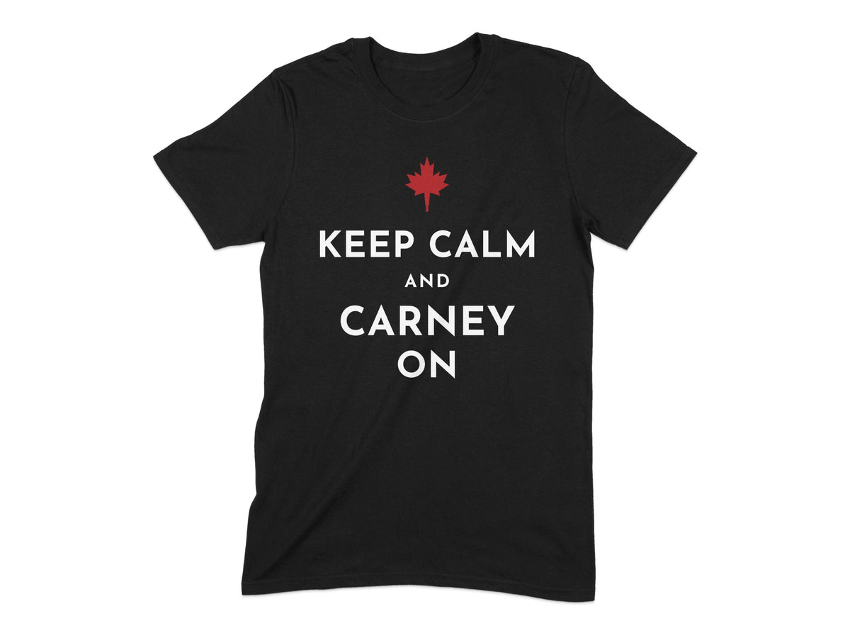 Black t-shirt with red maple leaf and "Keep Calm and Carney On" text.