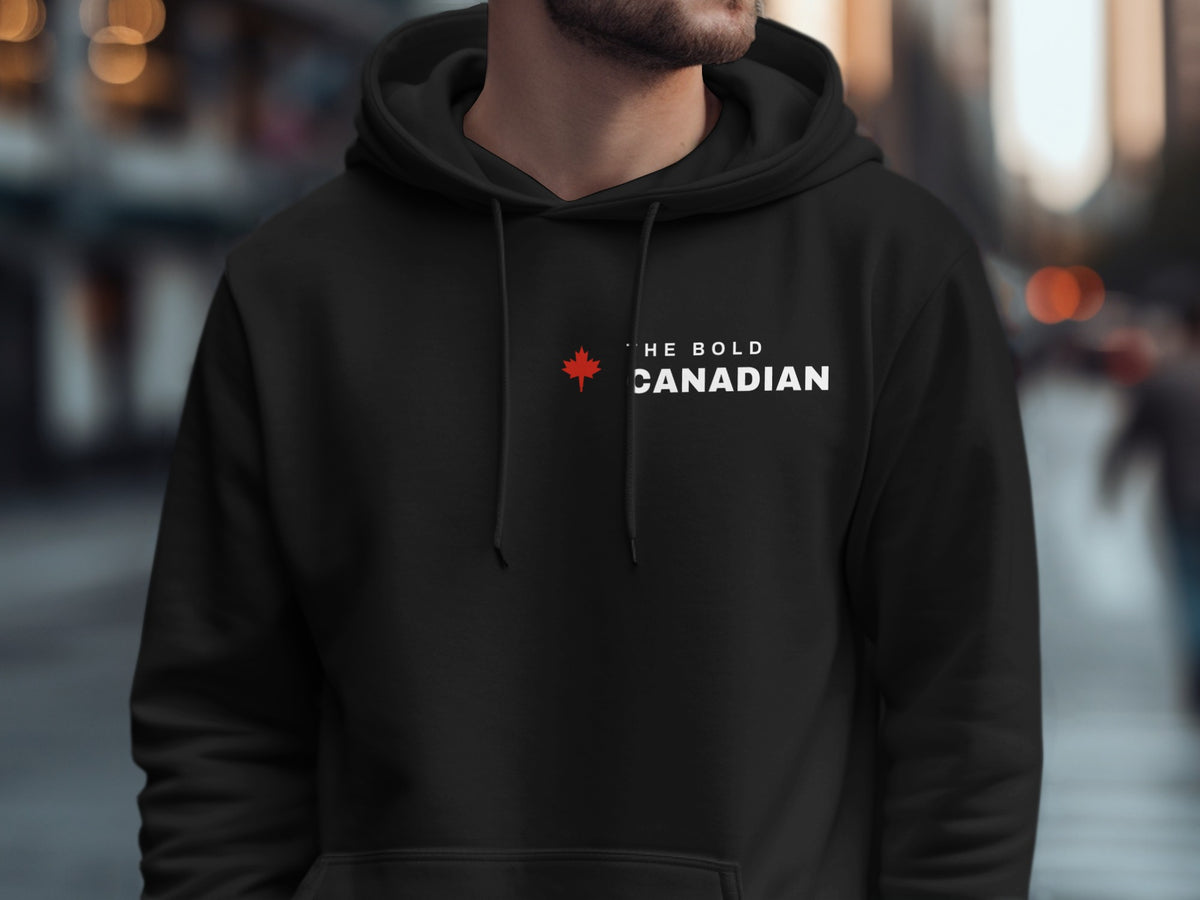 Black hoodie with red maple leaf and white text "THE BOLD CANADIAN"