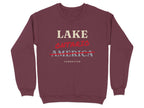 Maroon sweatshirt with text "LAKE ONTARIO" crossed out, and "AMERICA CORRECTED" below.