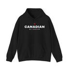 Black hoodie with "CANADIAN BY CHOICE" and a red maple leaf graphic.