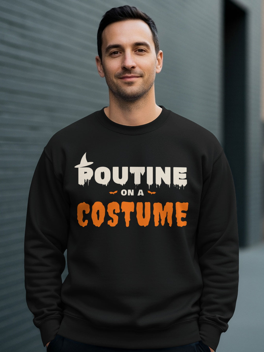 Black sweatshirt with "POUTINE ON A COSTUME" text and Halloween graphics.