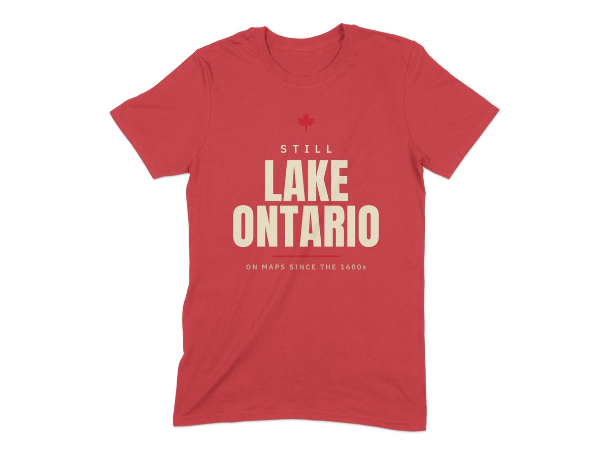 Red t-shirt with "Still Lake Ontario" and "On Maps Since the 1600s".