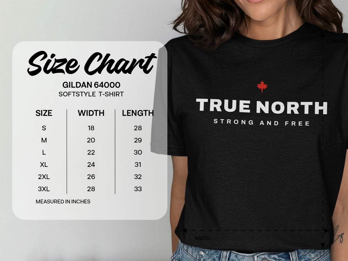 Gildan 64000 Softstyle T-Shirt size chart showing width and length measurements.