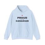 Light blue hoodie with text "PROUD TO BE CANADIAN" and a small red maple leaf.
