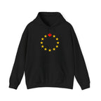 Black hoodie with a circular arrangement of yellow stars and a red maple leaf at the top.