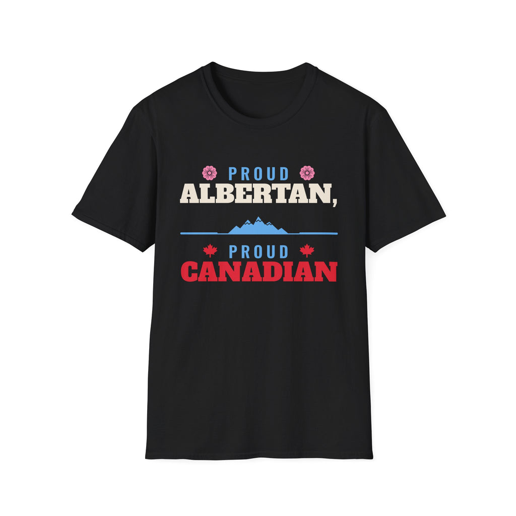 Black t-shirt with "Proud Albertan, Proud Canadian" text and graphics.