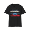 Black t-shirt with "Proud Albertan, Proud Canadian" text and graphics.
