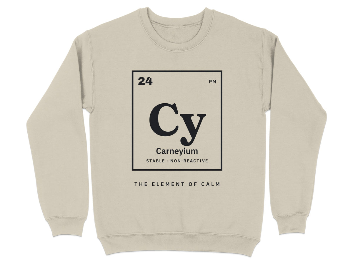 Light beige sweatshirt with a periodic table element graphic for "Carneyium".