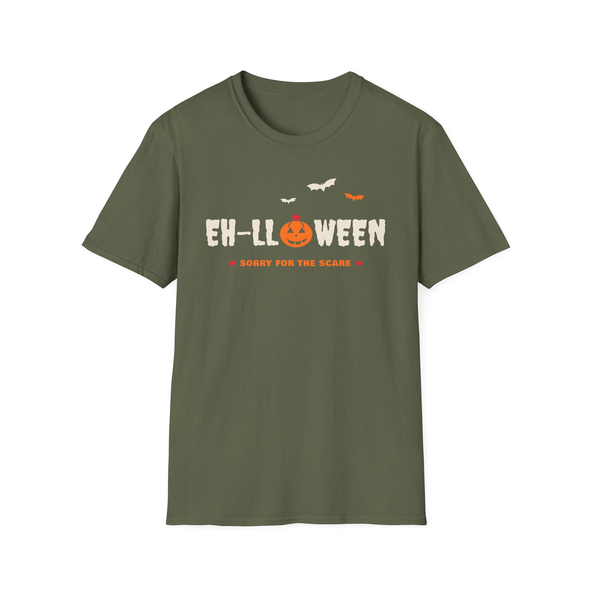 Green t-shirt with "Eh-lloween Sorry for the Scare" text and a pumpkin.