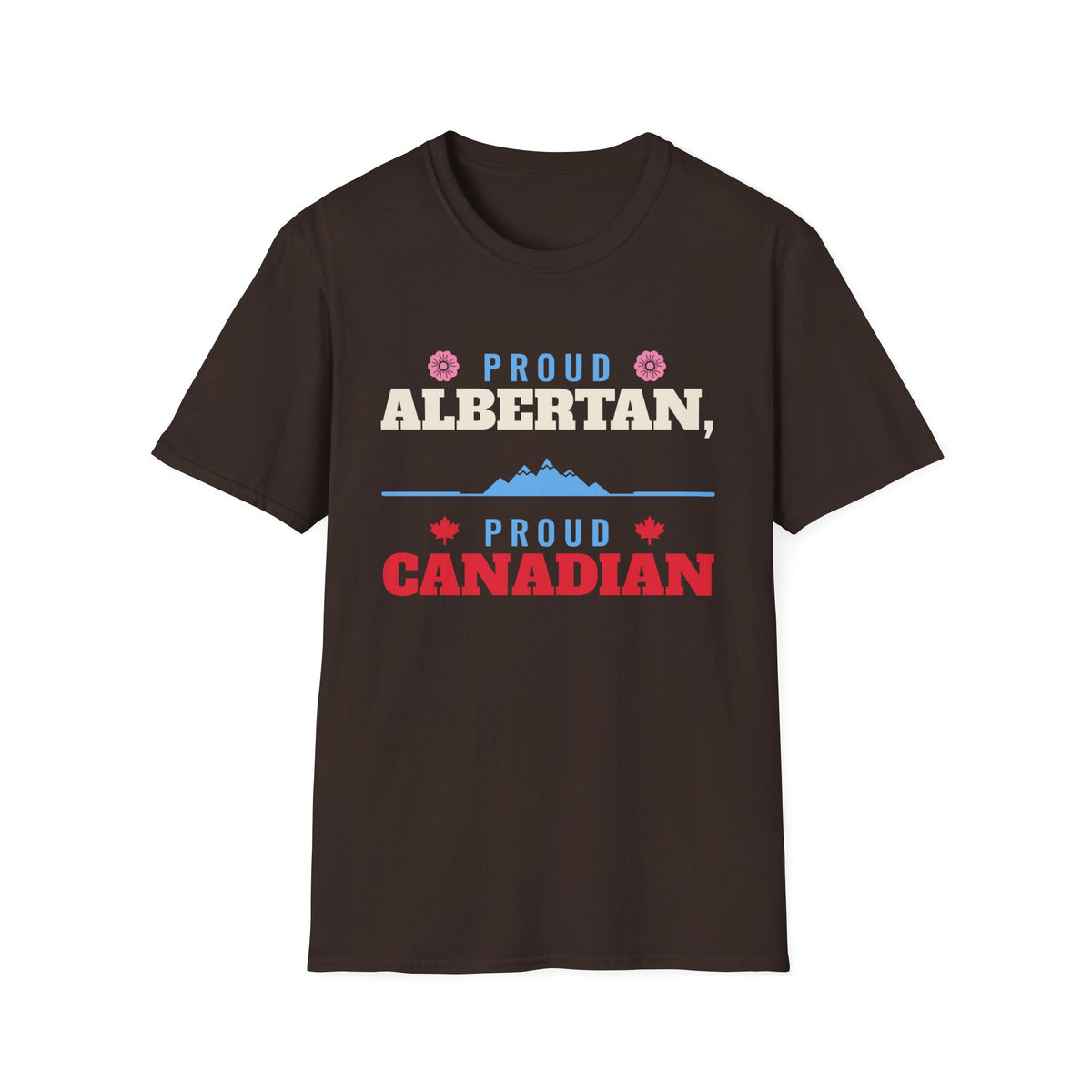 Dark brown t-shirt with "Proud Albertan, Proud Canadian" text and Canadian maple leaves.