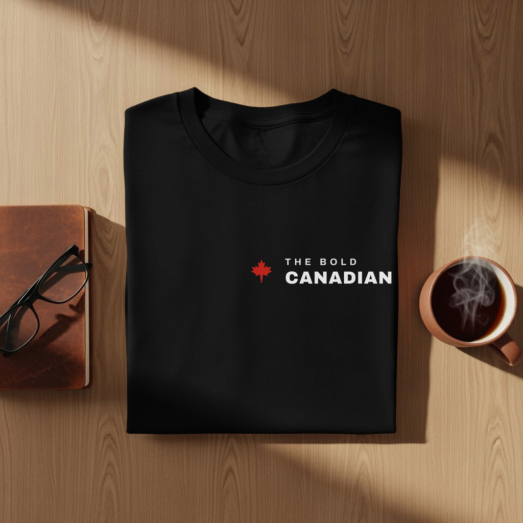 Black t-shirt with "The Bold Canadian" and a red maple leaf logo.