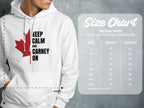 White Gildan 18500 hooded sweatshirt with "Keep Calm and Carney On" and Canadian maple leaf design.