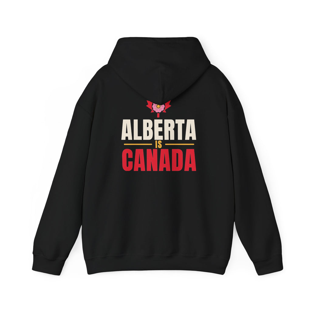 Black hoodie with "Alberta is Canada" text and a red ribbon graphic.