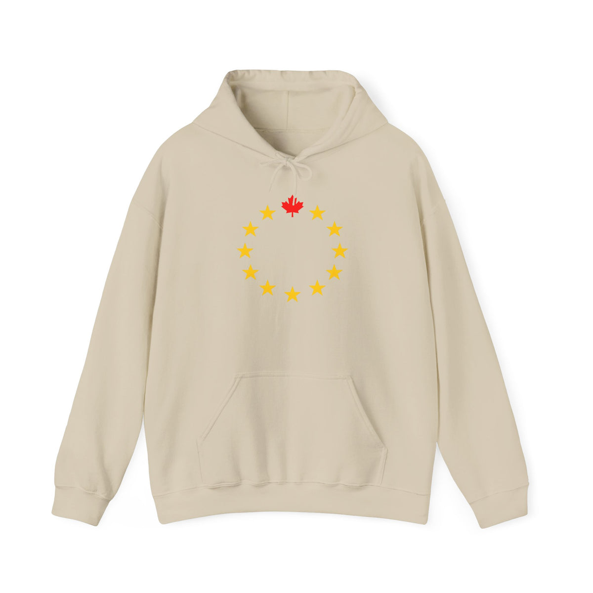 Beige hoodie with a circle of yellow stars and a red maple leaf.