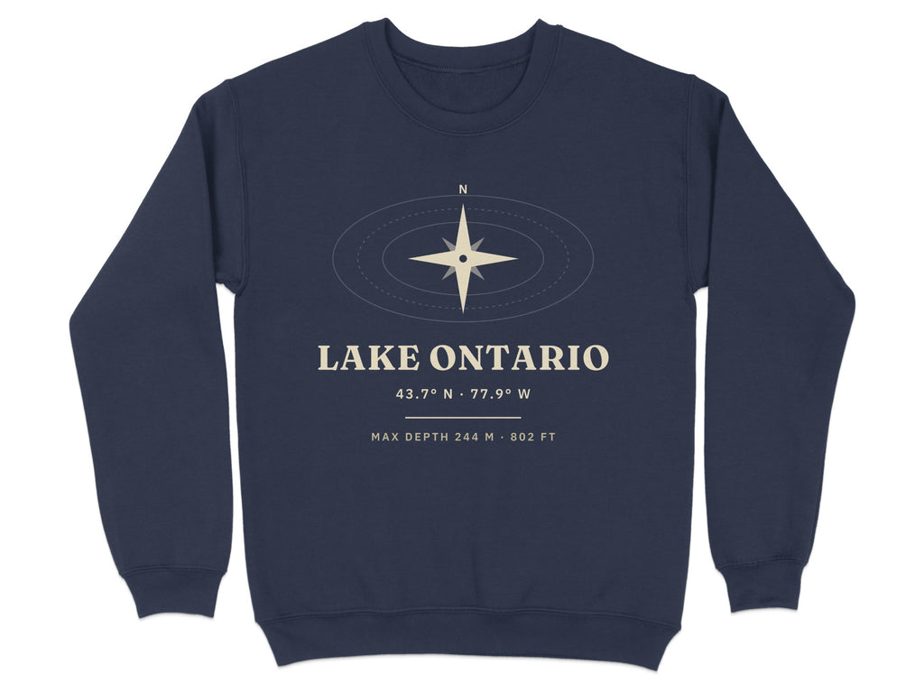 Navy sweatshirt with Lake Ontario coordinates, compass, and depth information.