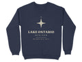 Navy sweatshirt with Lake Ontario coordinates, compass, and depth information.