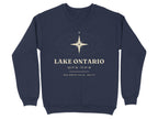 Navy sweatshirt with Lake Ontario coordinates, compass, and depth information.
