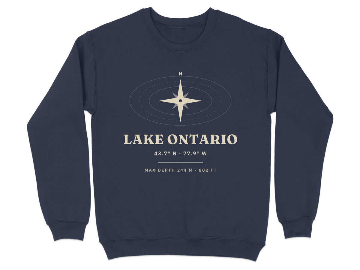 Navy sweatshirt with Lake Ontario coordinates, compass, and depth information.