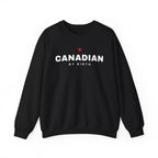 Black sweatshirt with white text "CANADIAN BY BIRTH" and a red maple leaf.