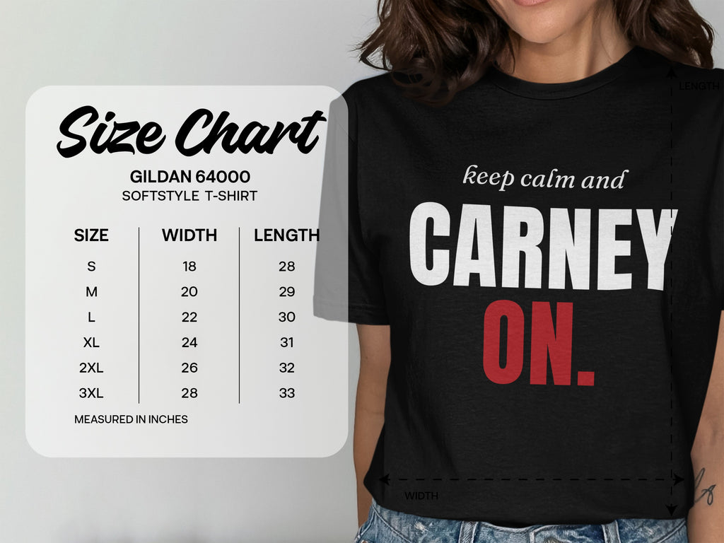Gildan 64000 softstyle t-shirt size chart with width and length measurements in inches.