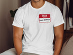 White t-shirt with red "Hello, my name is" tag reading "Lake Ontario (Still)".