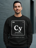 Black sweatshirt with "Carneyium Cy" periodic table element design and "The Element of Calm" text.