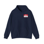 Navy blue hoodie with a "Hello, my name is Lake Ontario" tag.