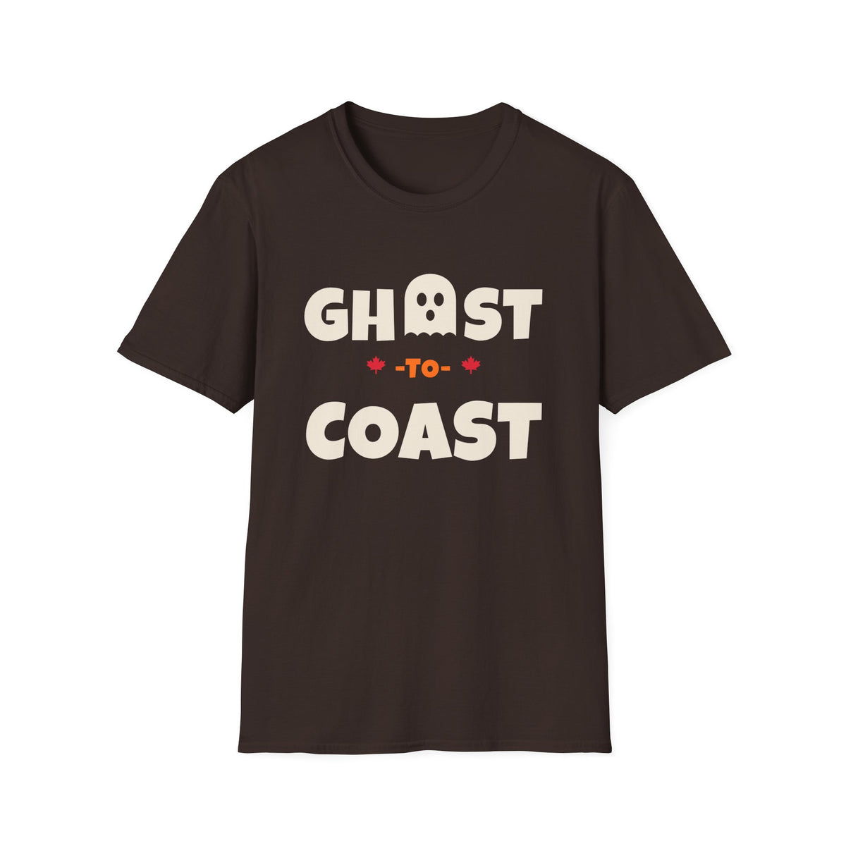 Dark brown t-shirt with "GHOST-TO-COAST" graphic featuring a ghost and maple leaves.