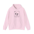 Pink hoodie with periodic table design "Cy Carneyium: The Element of Calm".