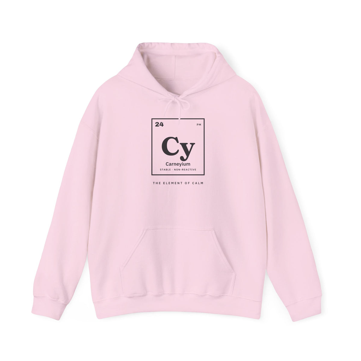 Pink hoodie with periodic table design "Cy Carneyium: The Element of Calm".